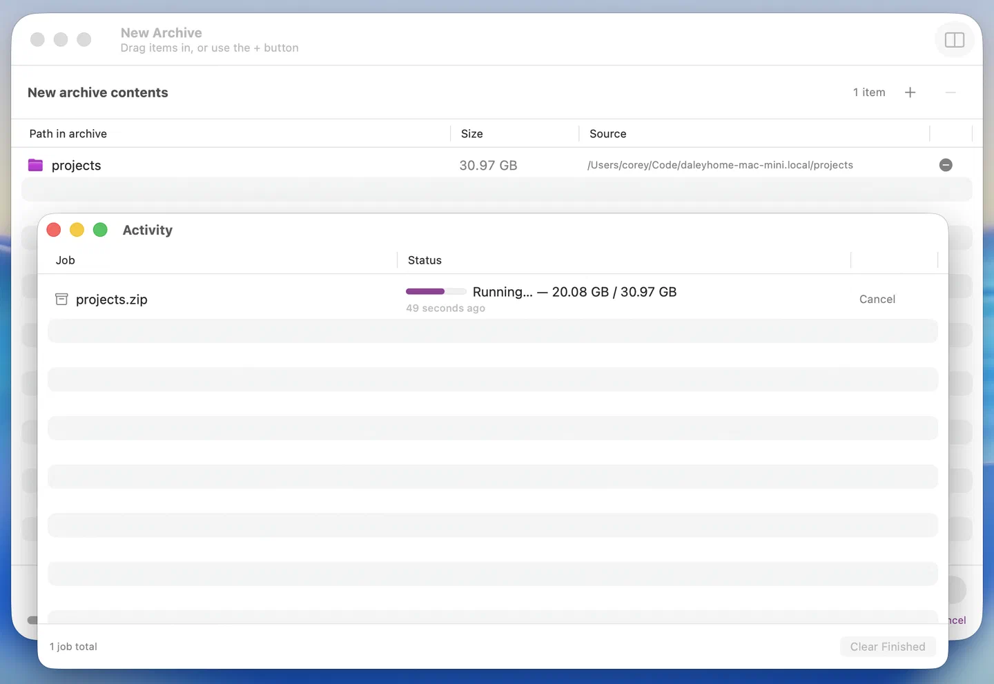 Activity window with a compress job running, showing a determinate progress bar