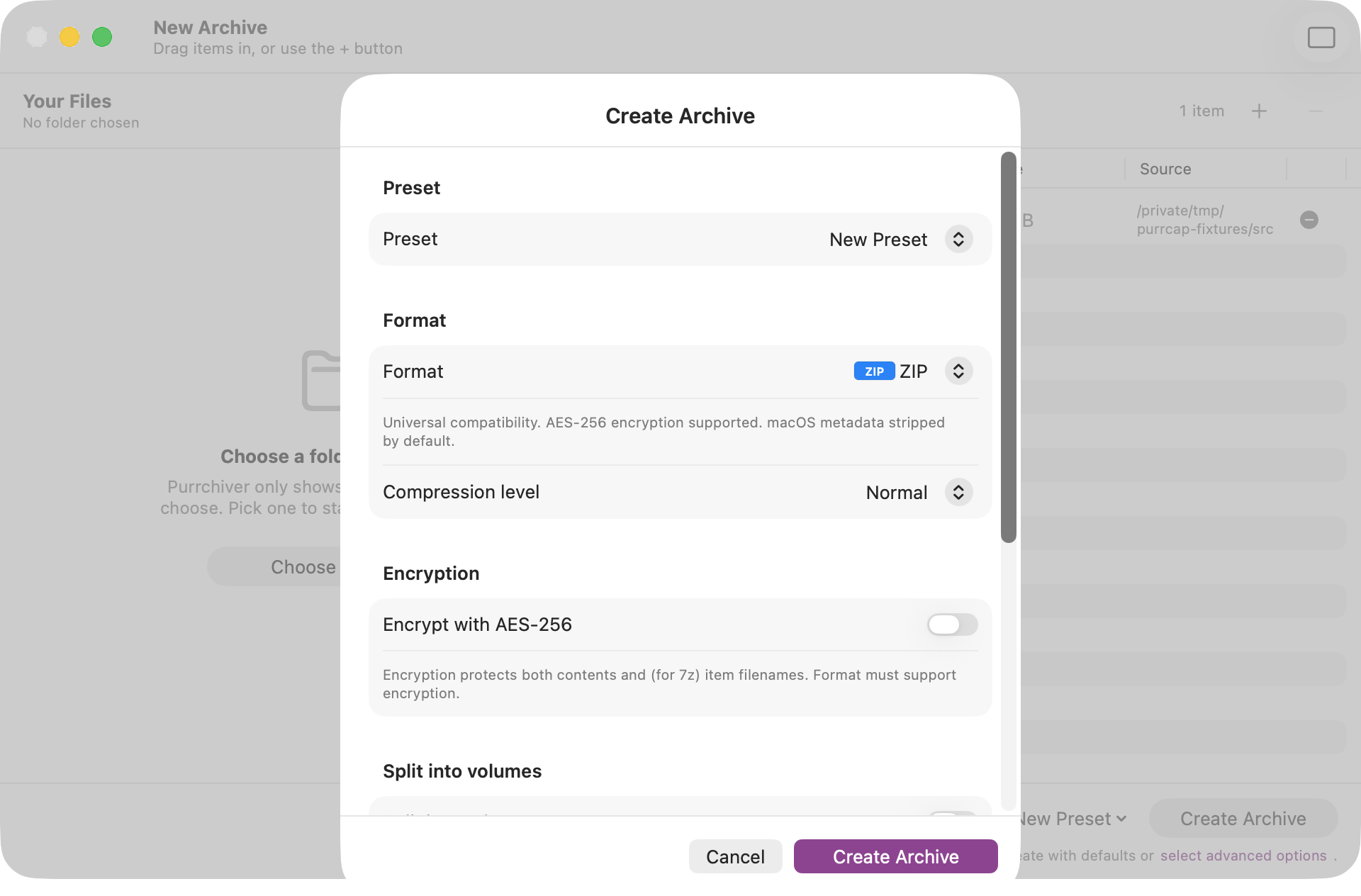 Create Archive sheet