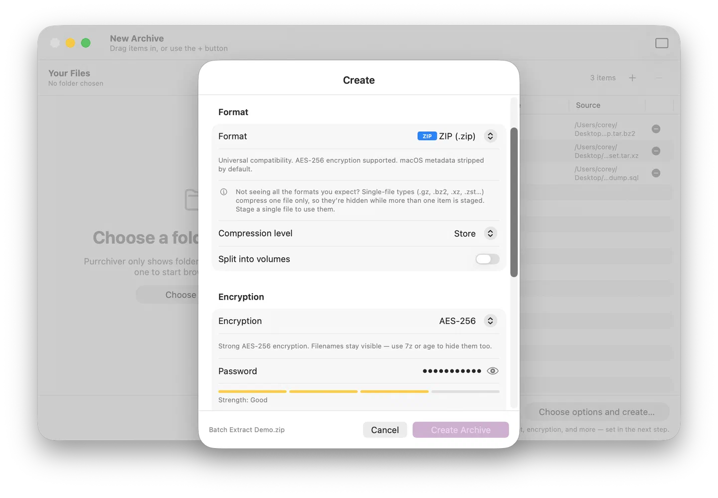 The Create Archive sheet with ZIP selected, over the staging window