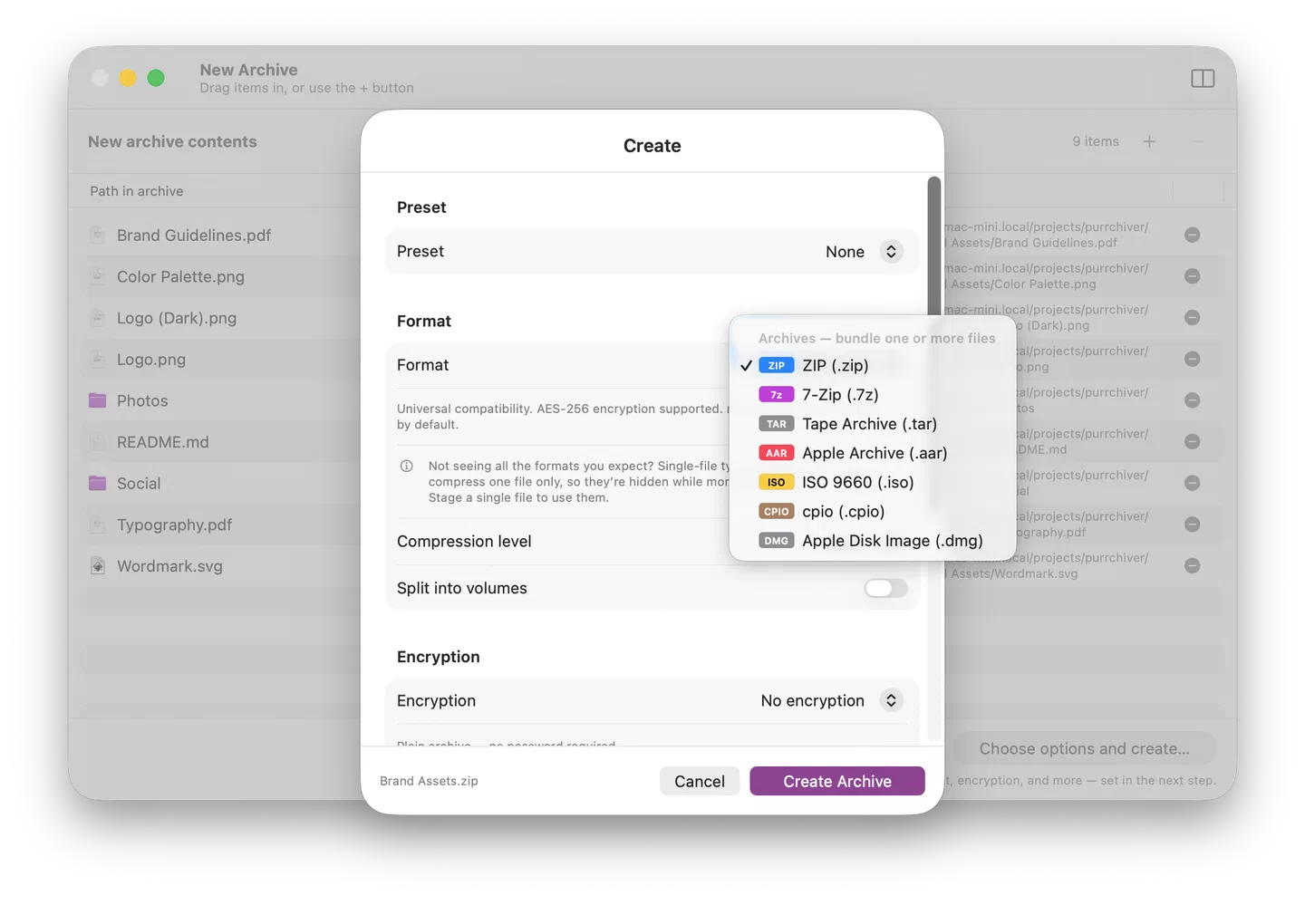 The Create Archive sheet with the Format picker open, showing the archive format group