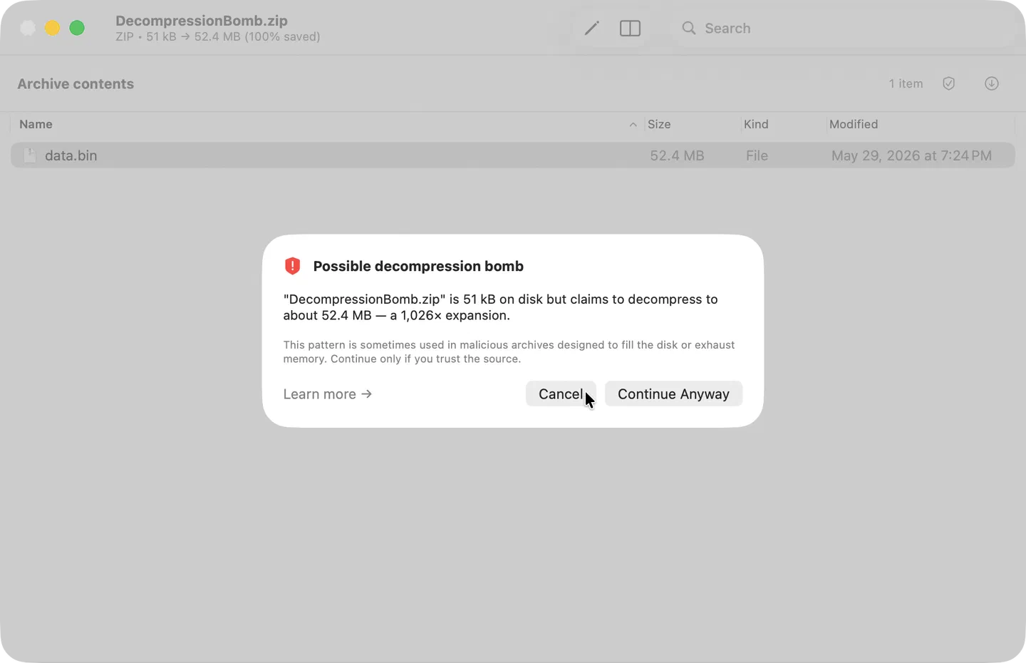 Possible decompression bomb confirmation prompt