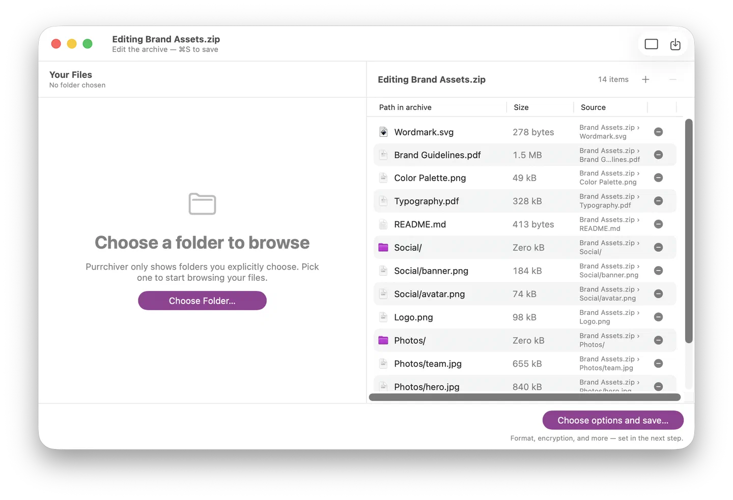 Editing Brand Assets.zip in dual-pane Edit mode, entries with remove buttons