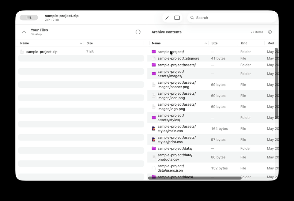 Selecting entries in the right pane and dragging them to the left pane, where they extract