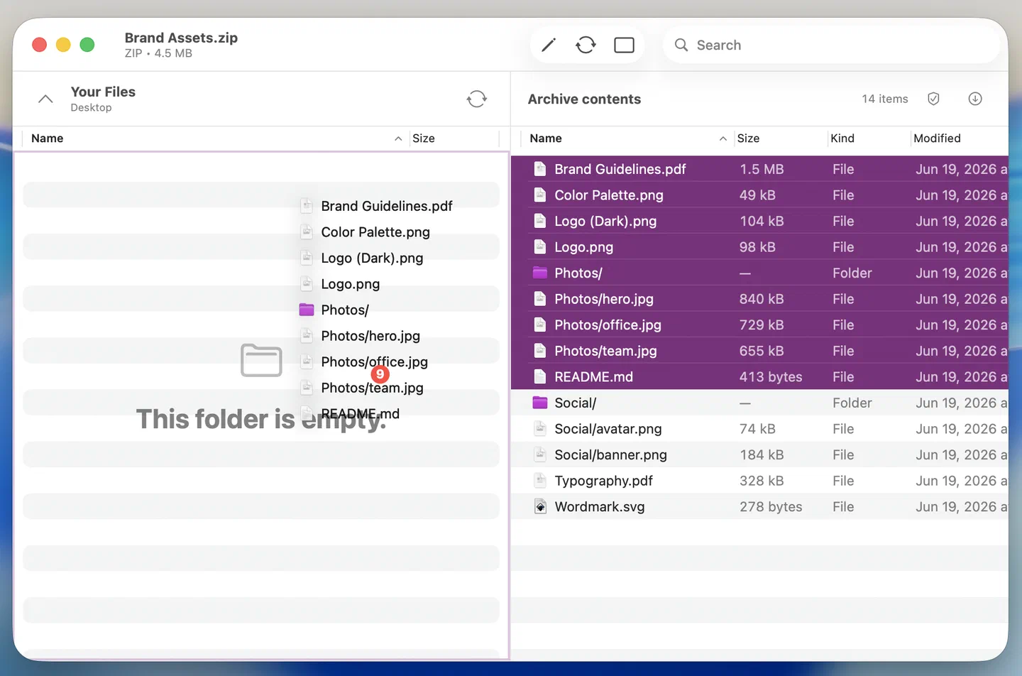 Dragging a selection of archive entries from the right pane to the left filesystem pane