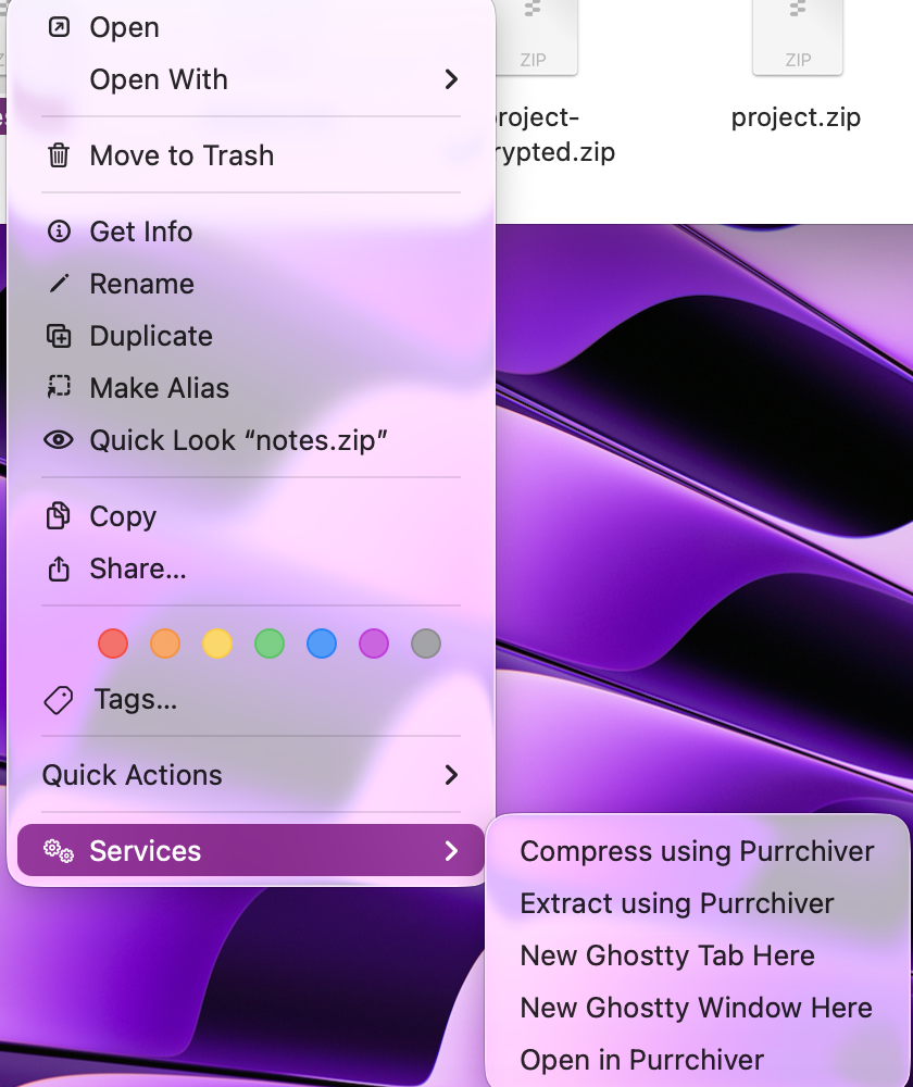 Finder right-click Services submenu on a .zip file