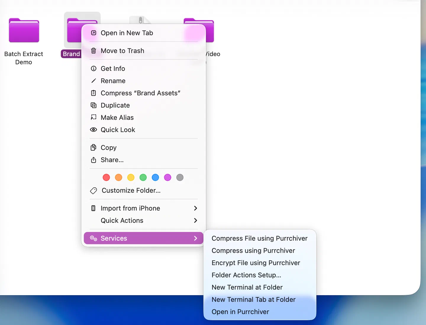 Finder right-click Services submenu showing the Purrchiver entries
