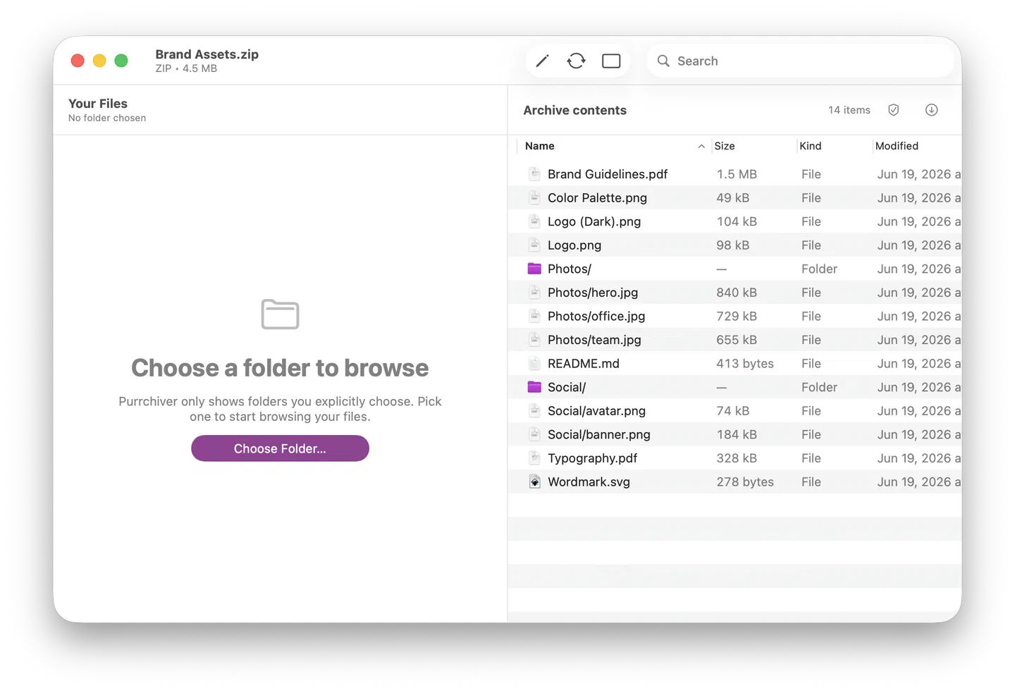 Loaded archive window in Browse mode, dual pane