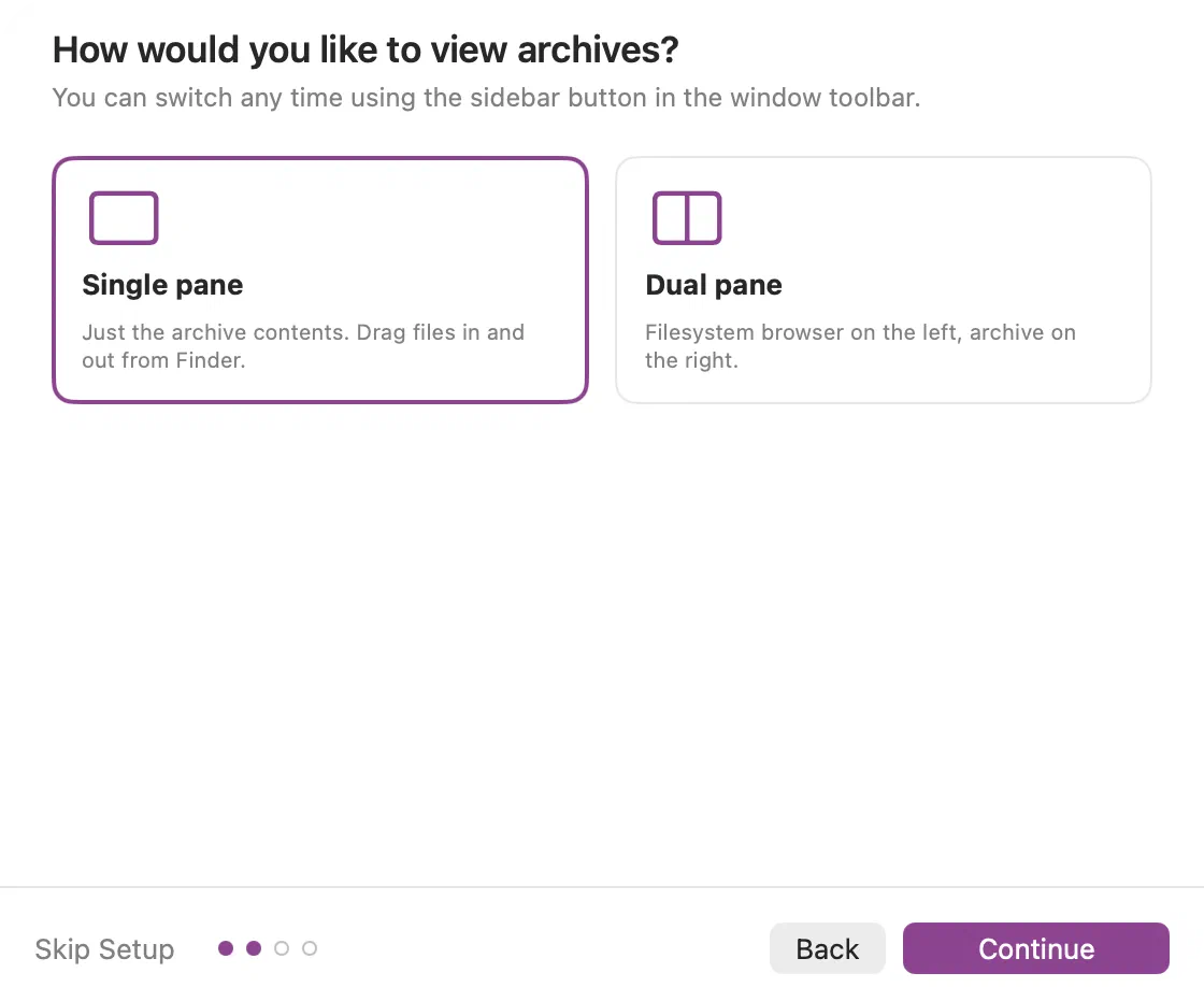 Onboarding step 2 — choose single or dual pane