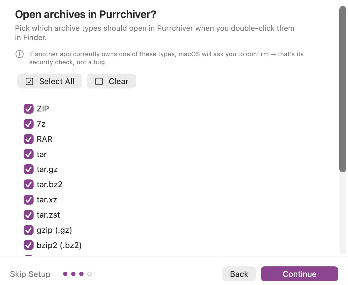 Onboarding step 3 — choose which archive types open in Purrchiver