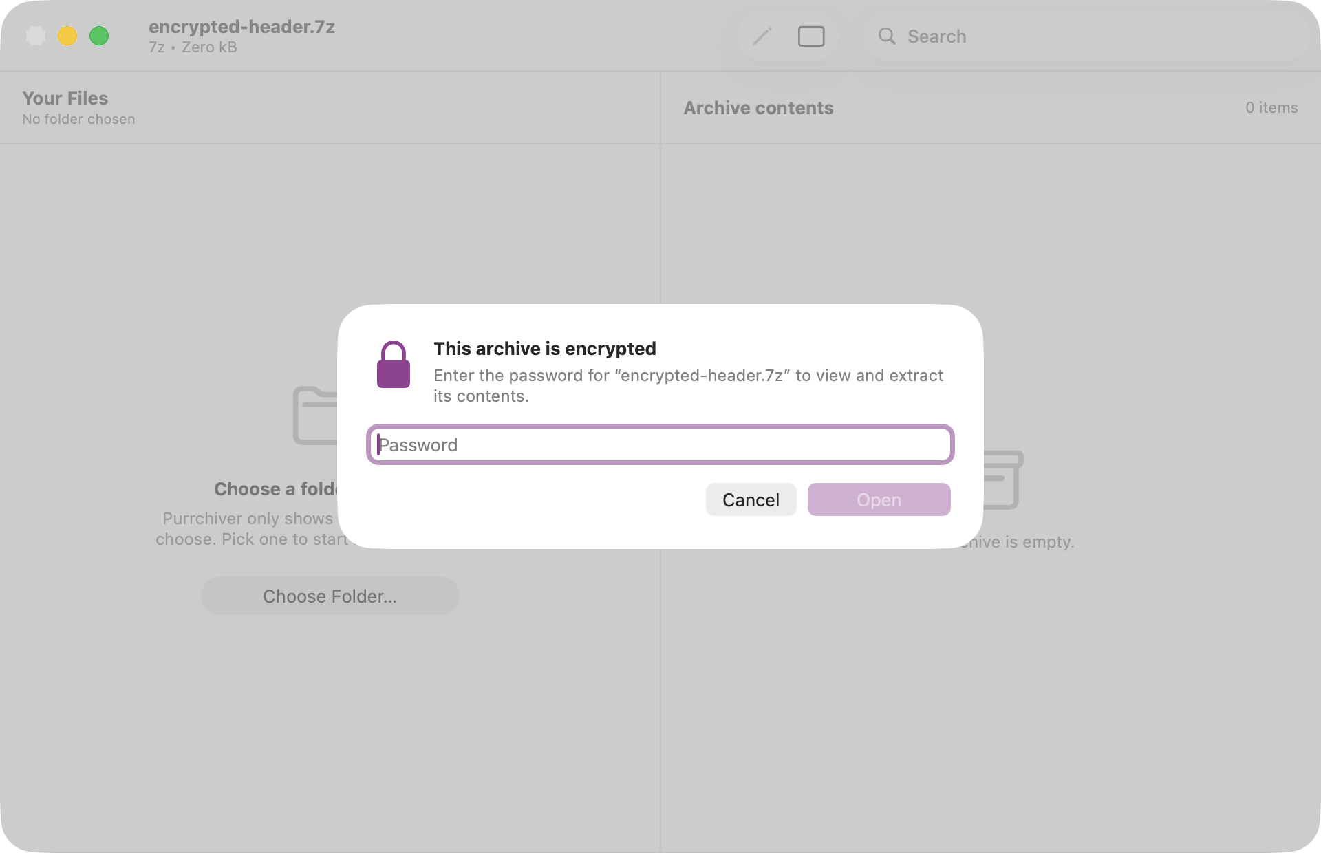 Password prompt sheet attached to an encrypted-header.7z window