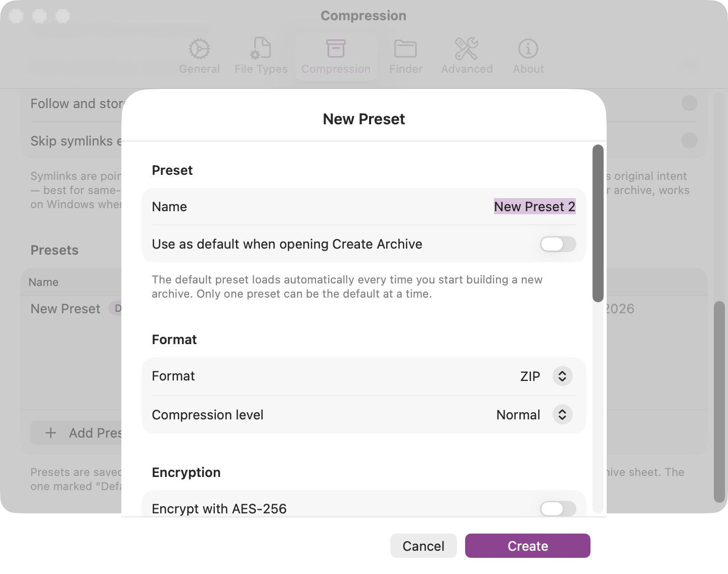 Preset editor sheet showing Preset, Format, Encryption sections