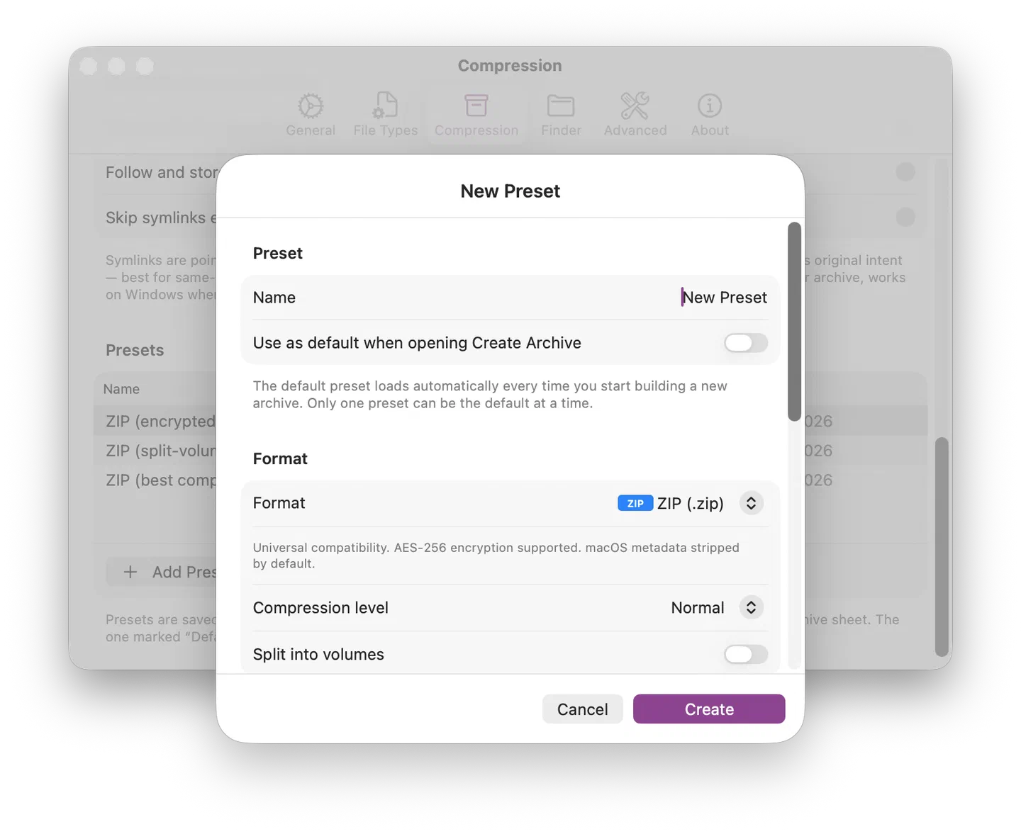 New Preset sheet showing Name, default toggle, Format, and compression options