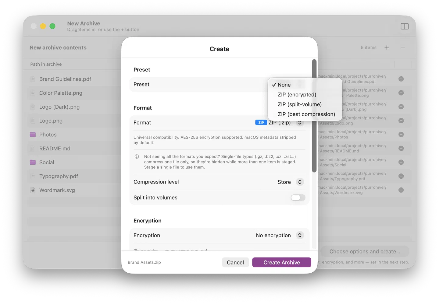 The Create sheet's Preset dropdown open, listing None and saved presets