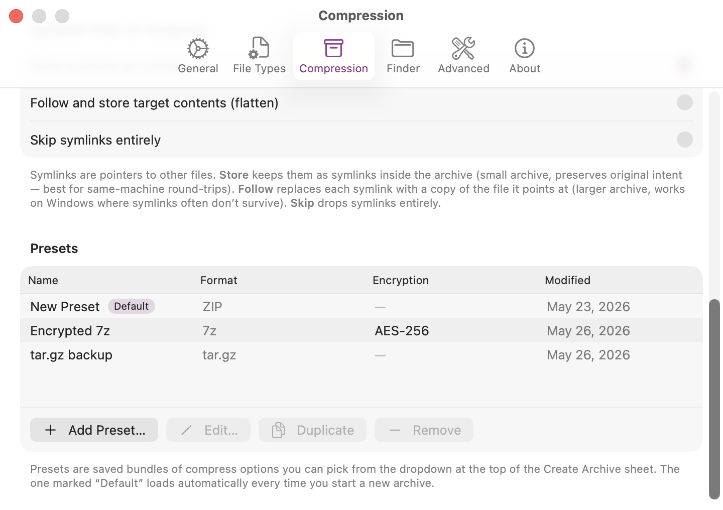Presets table in Compression settings with three saved presets