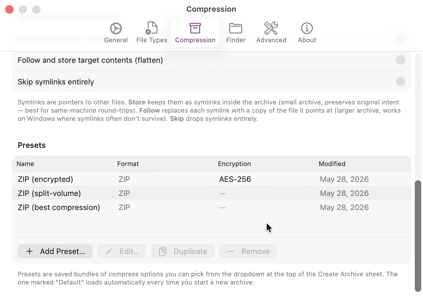 Presets table in Compression settings with three saved presets