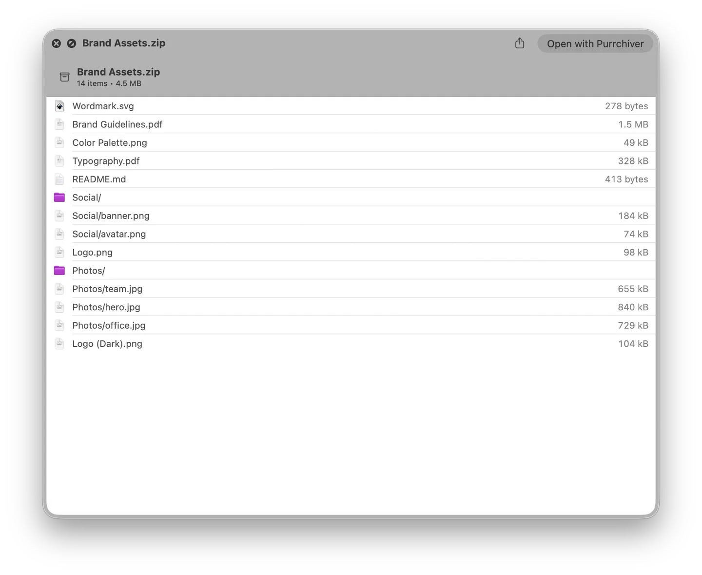 Quick Look preview of a ZIP showing its file listing