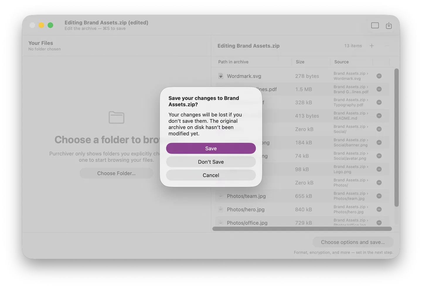 Save your changes confirmation sheet when closing an edited archive