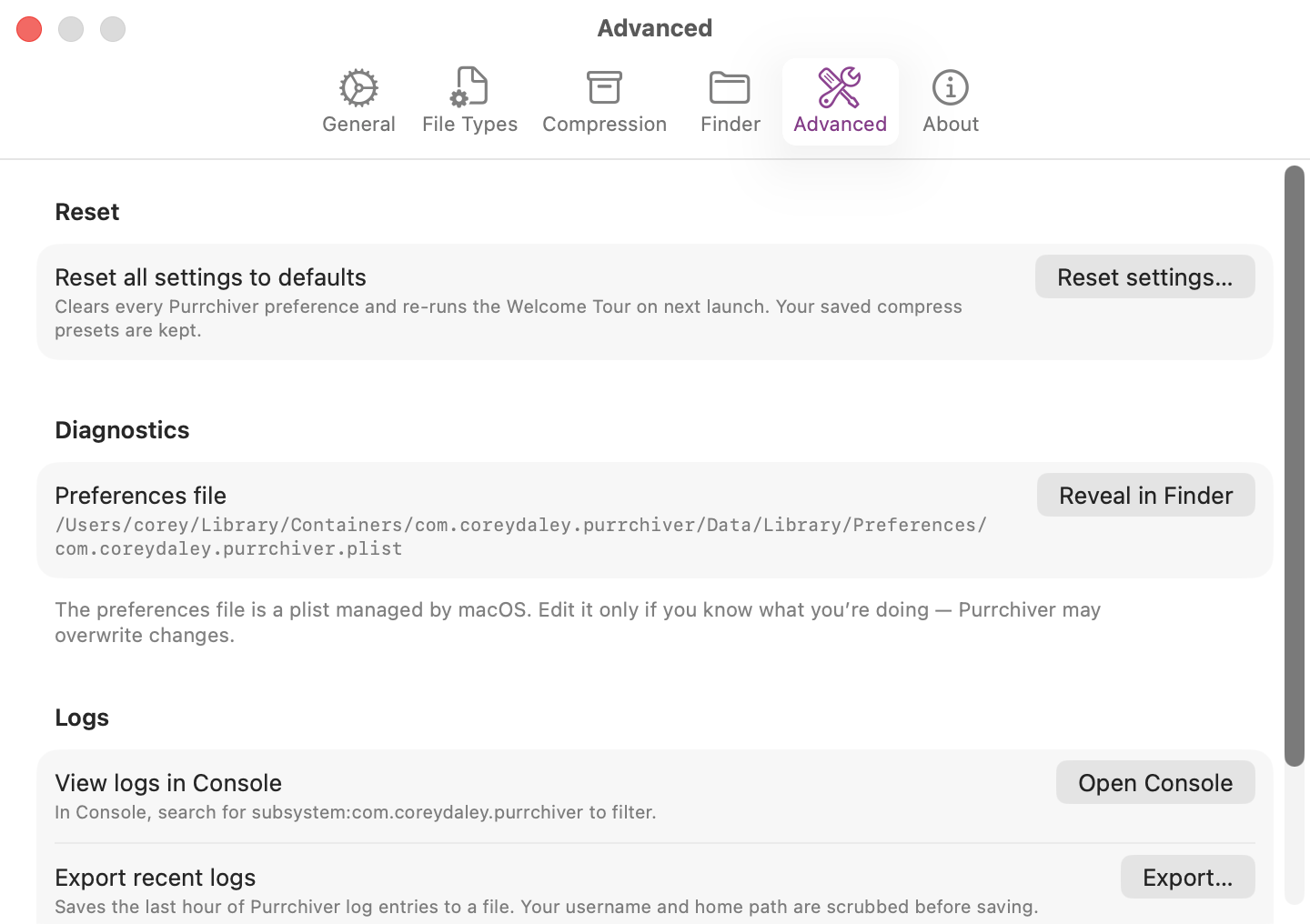 Advanced settings pane