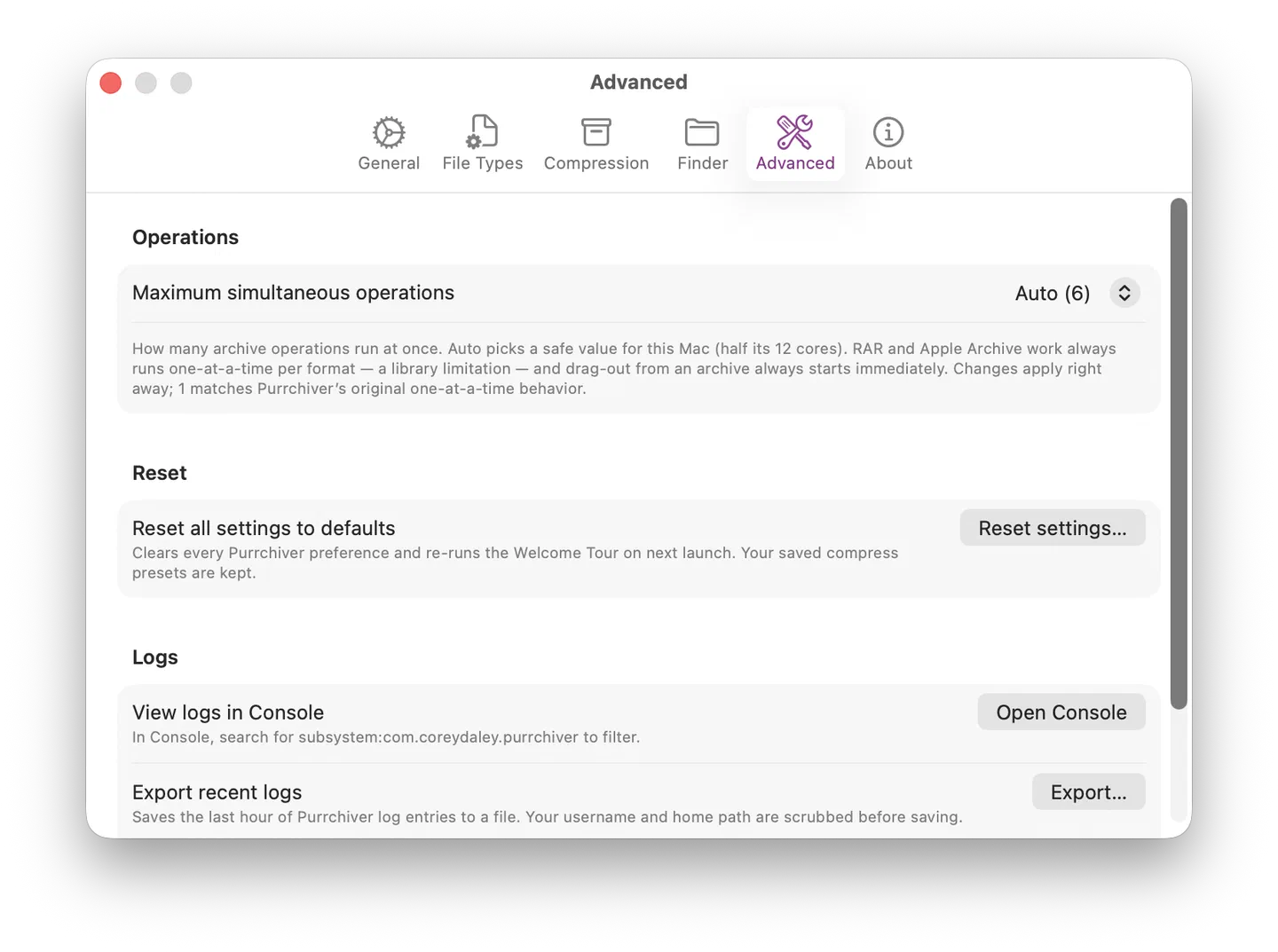Advanced settings pane