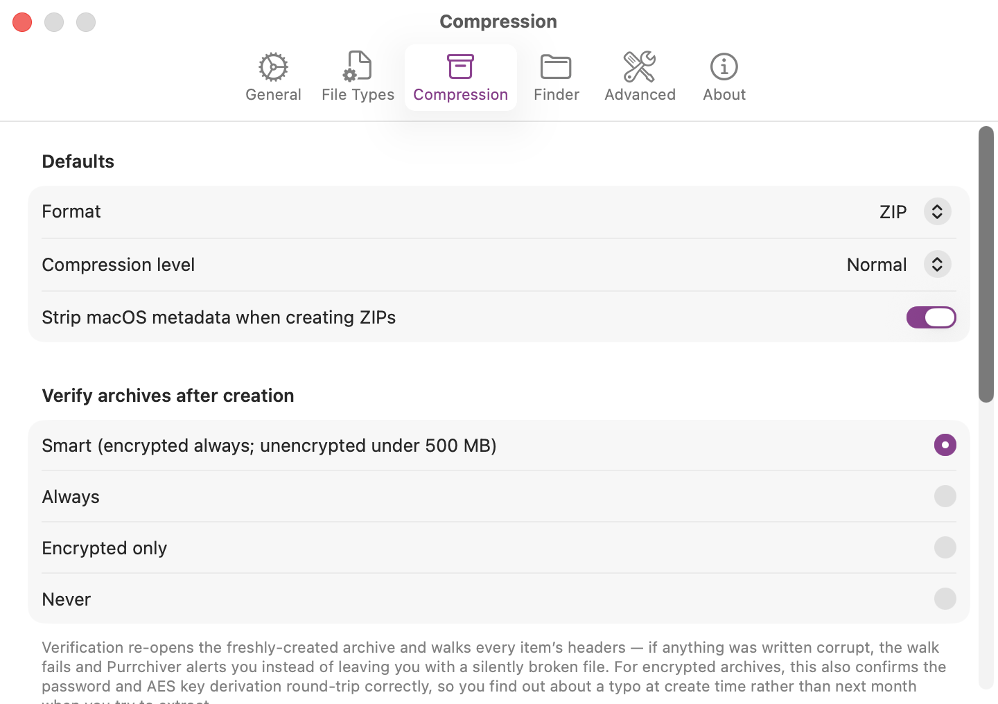 Compression settings pane