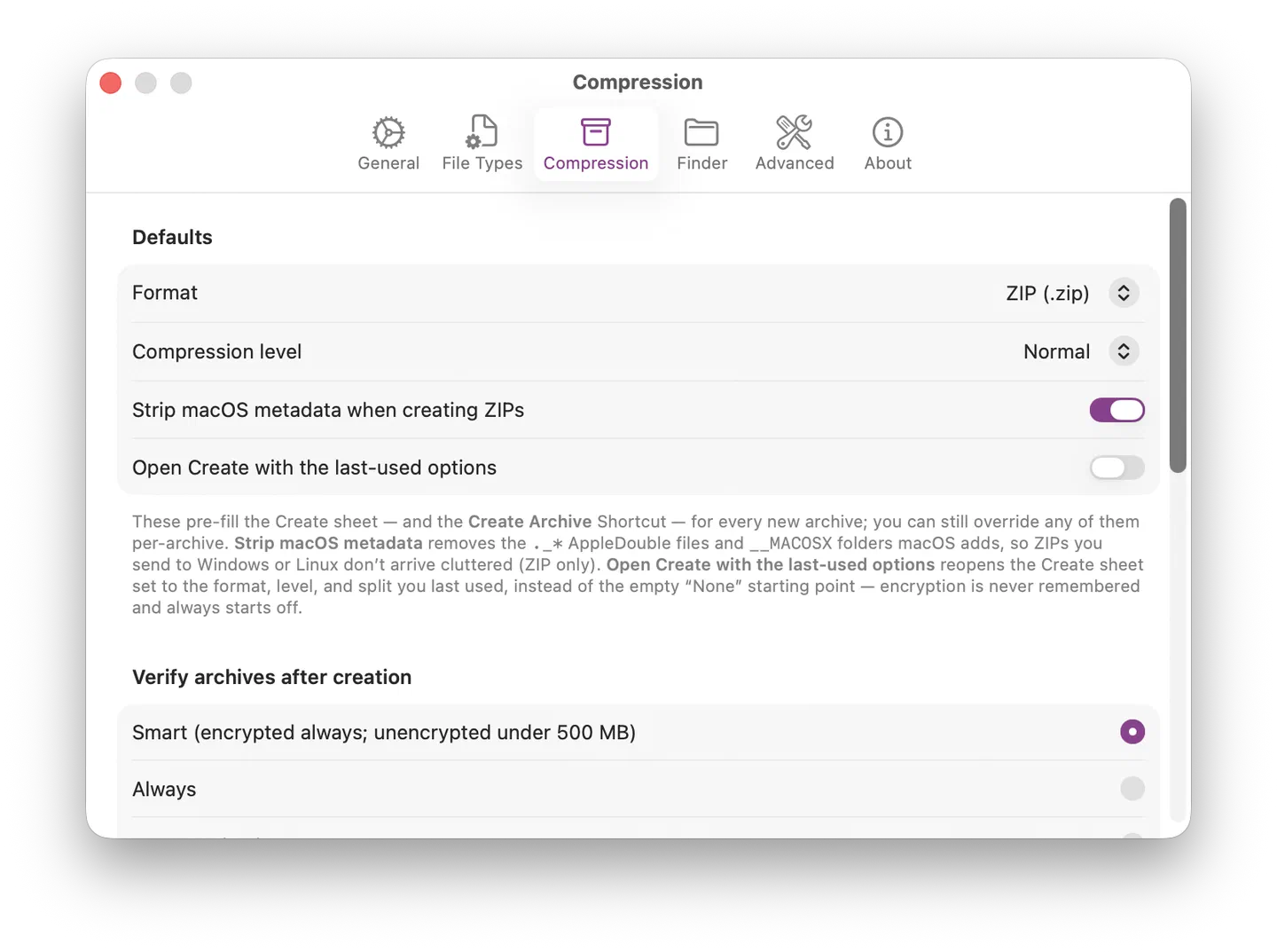 Compression settings pane