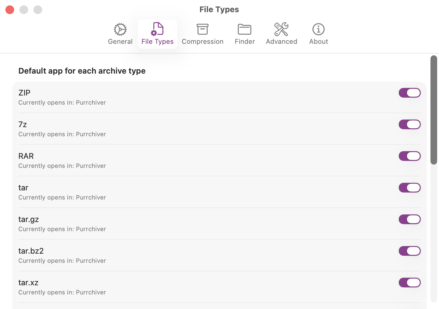 File Types settings pane