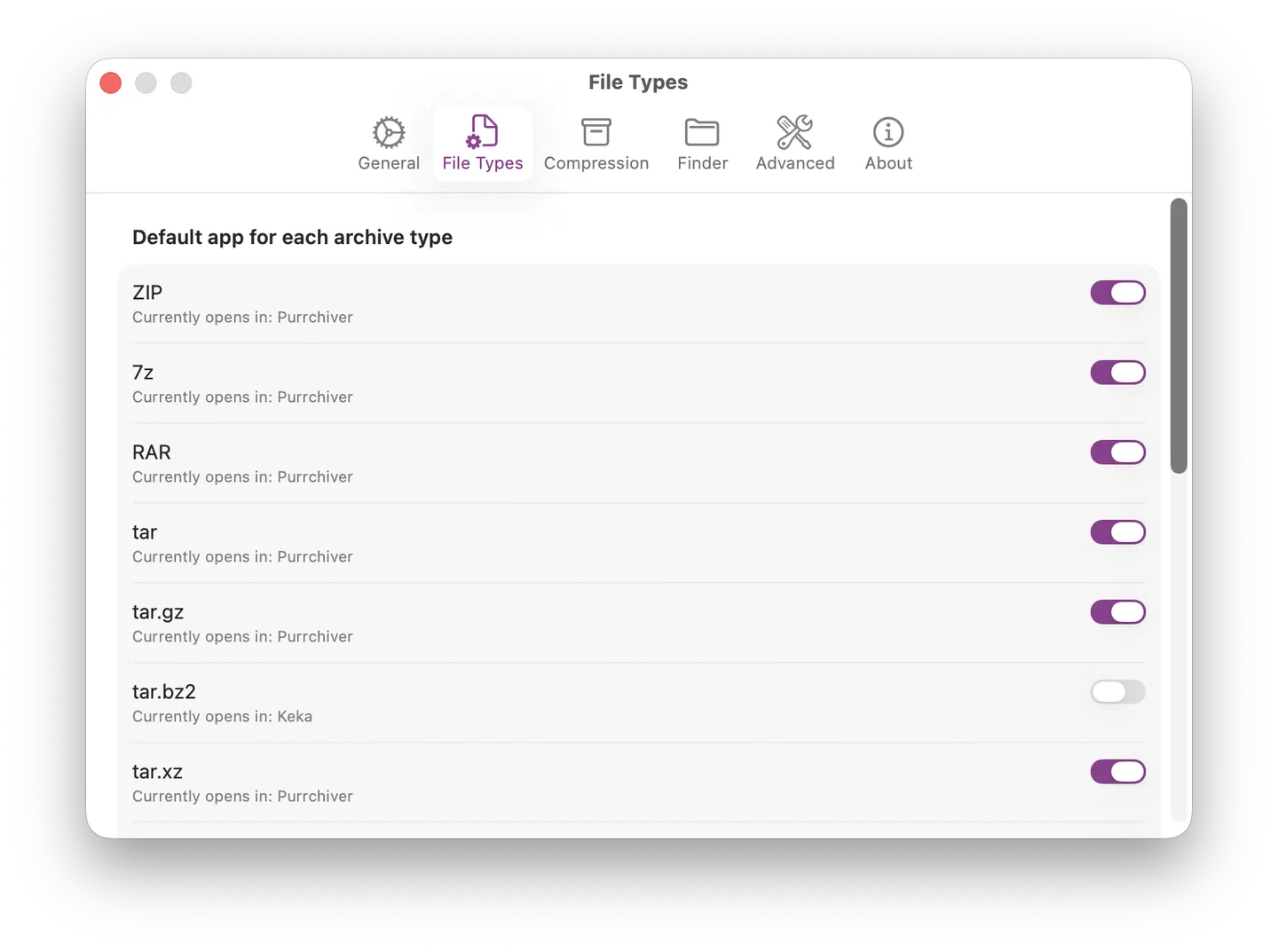 File Types settings pane