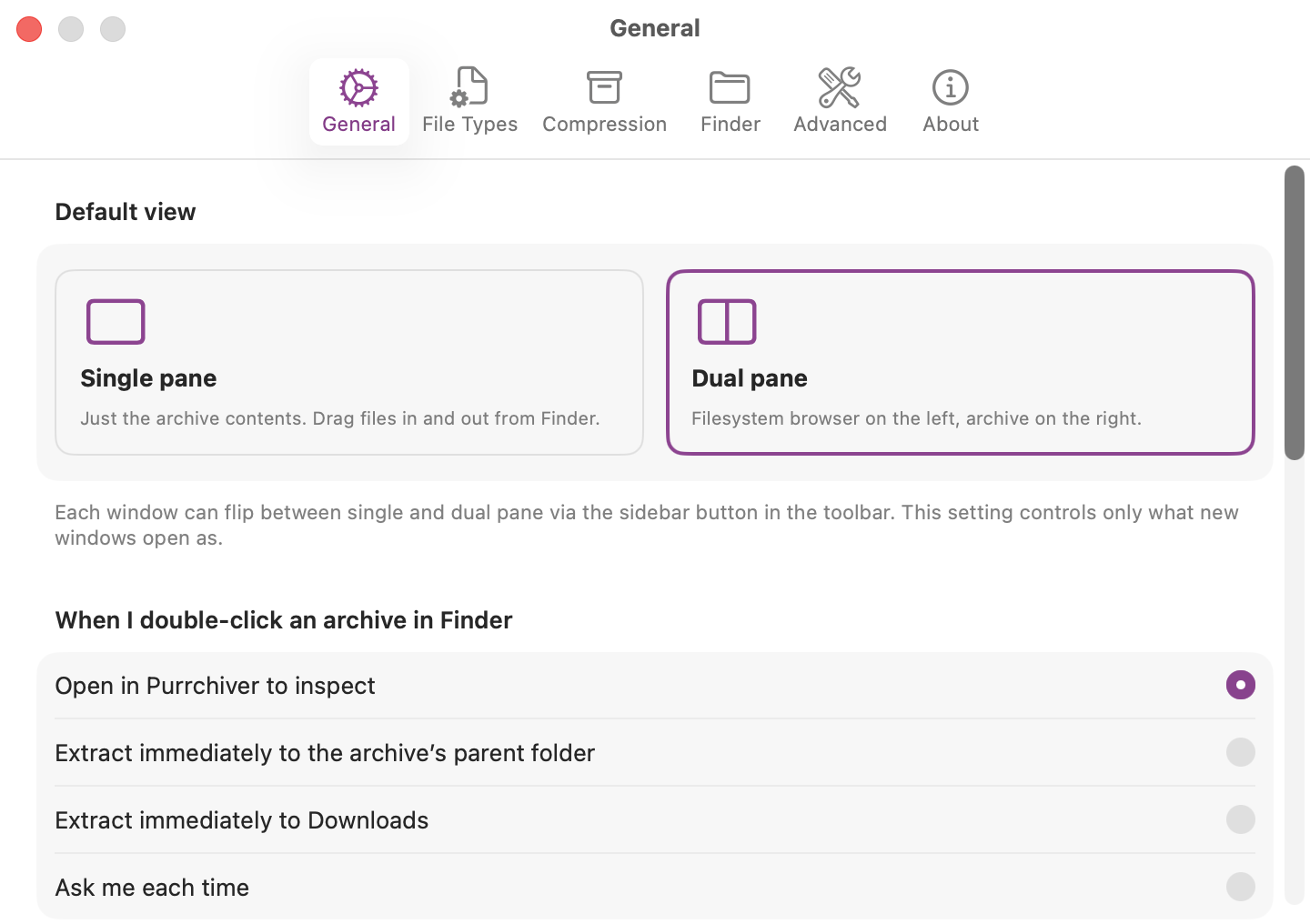 General settings pane