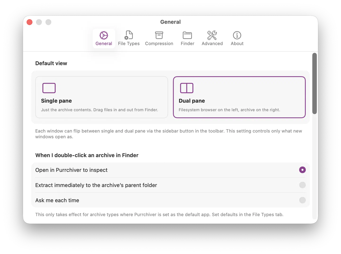 General settings pane
