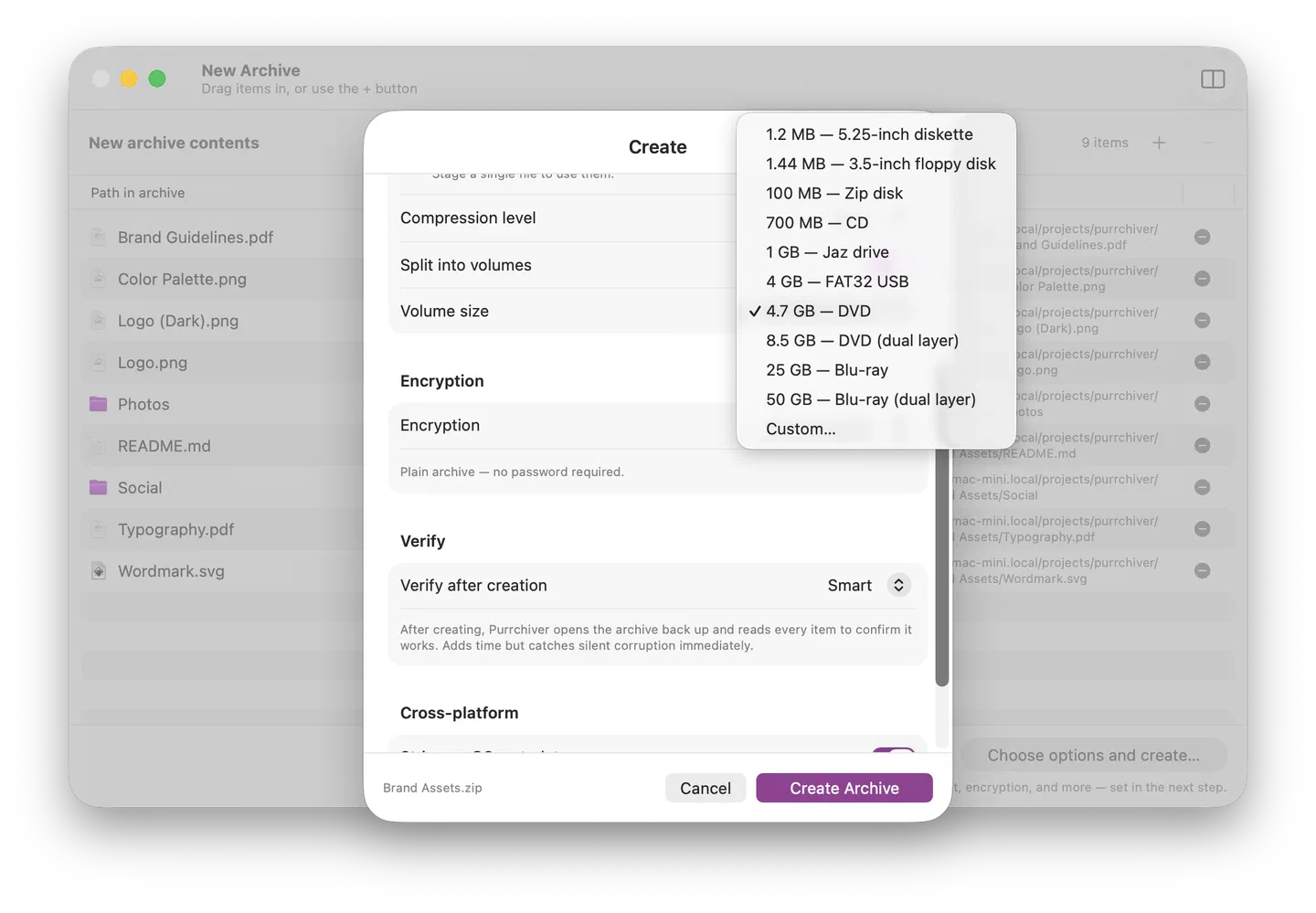 Split into volumes control with the size-preset dropdown open