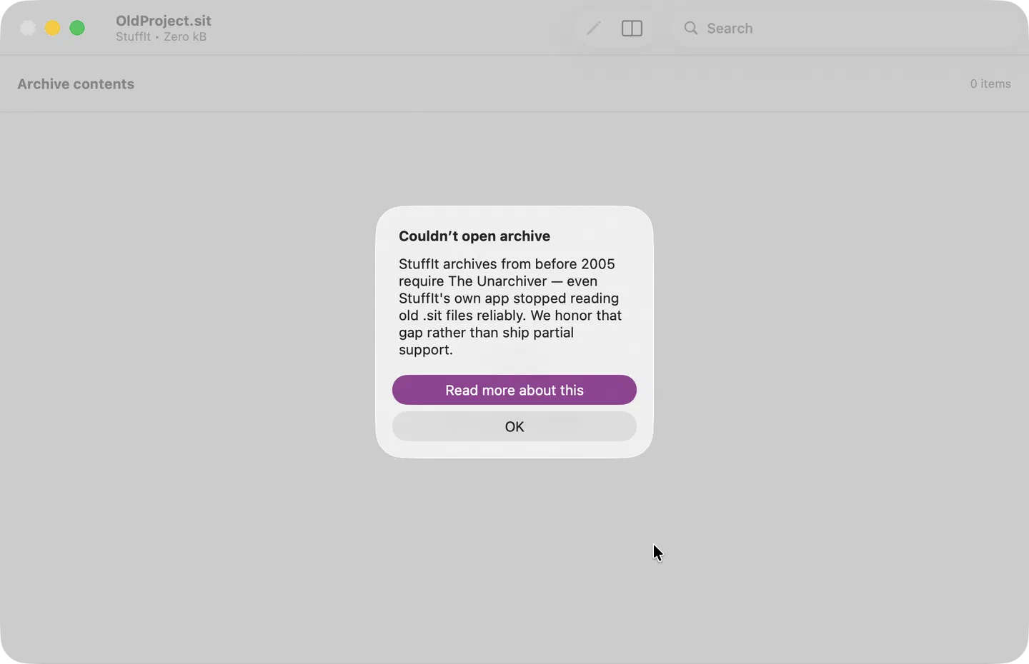 Friendly StuffIt detection message pointing to The Unarchiver