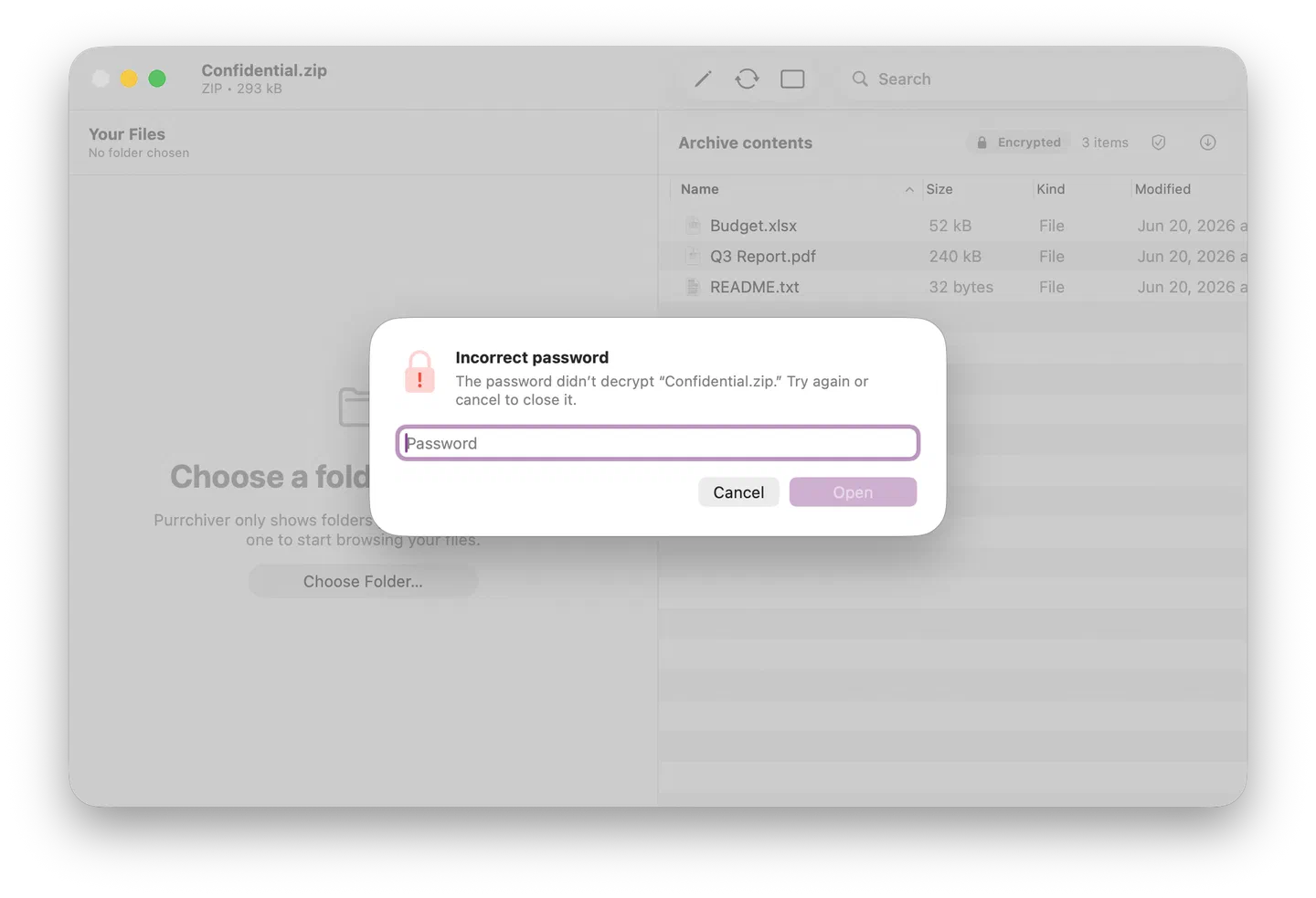 Incorrect-password error message