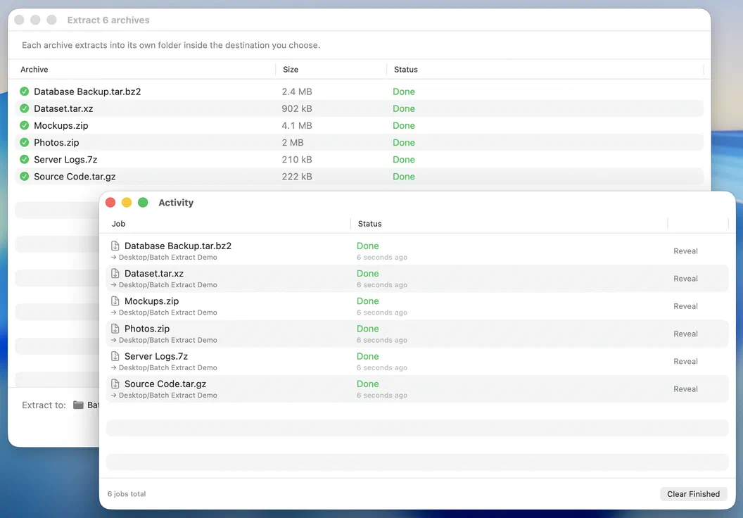 Purrchiver's Batch Extract window extracting six archives to one destination, all Done, with the Activity window