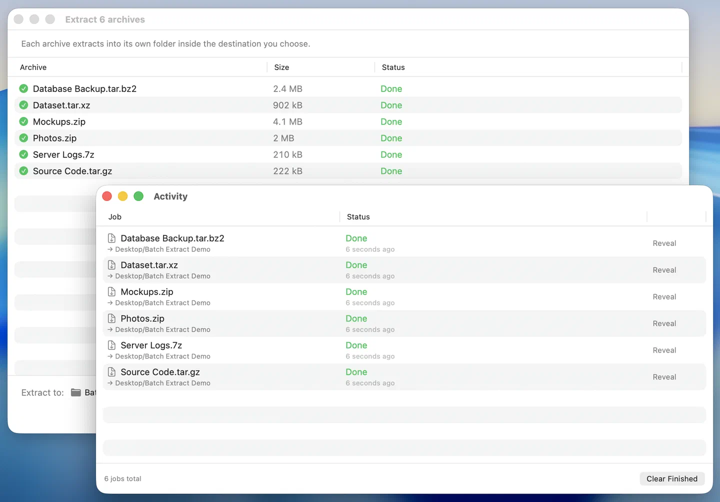 Batch Extract window working through several archives to one destination, with the Activity window
