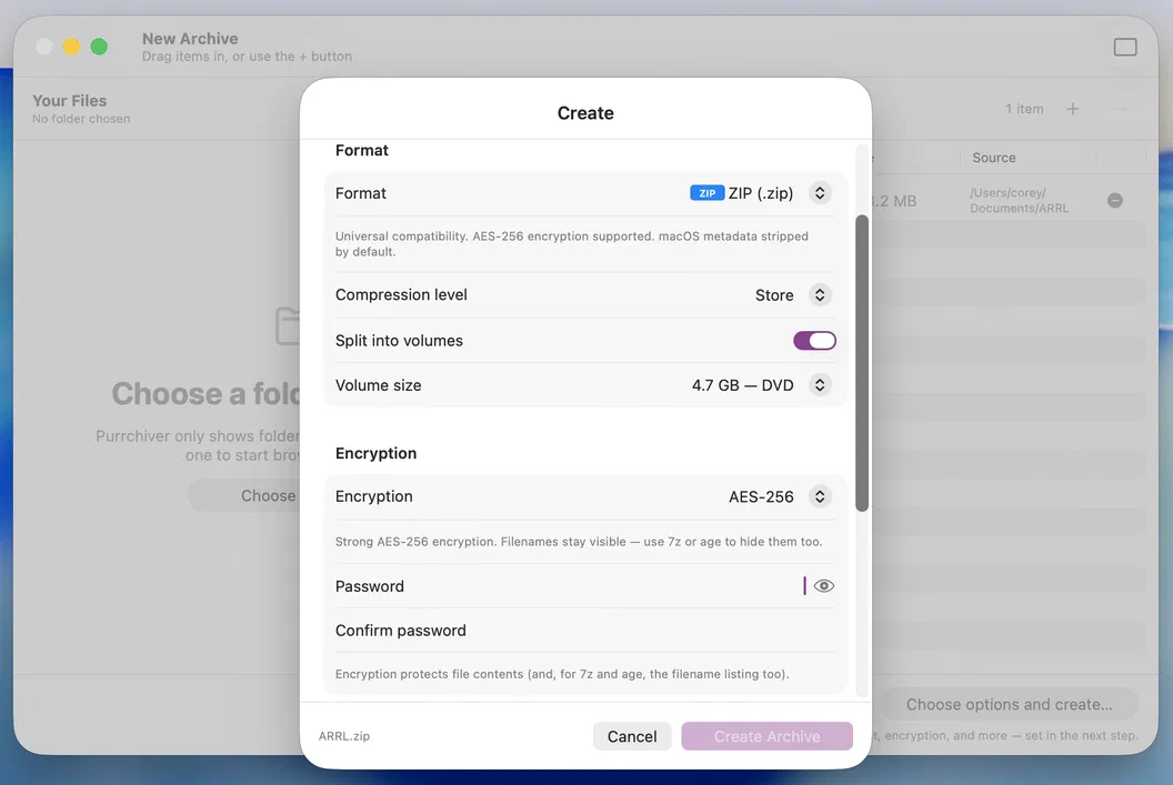 The Create Archive sheet with format, encryption, and split options