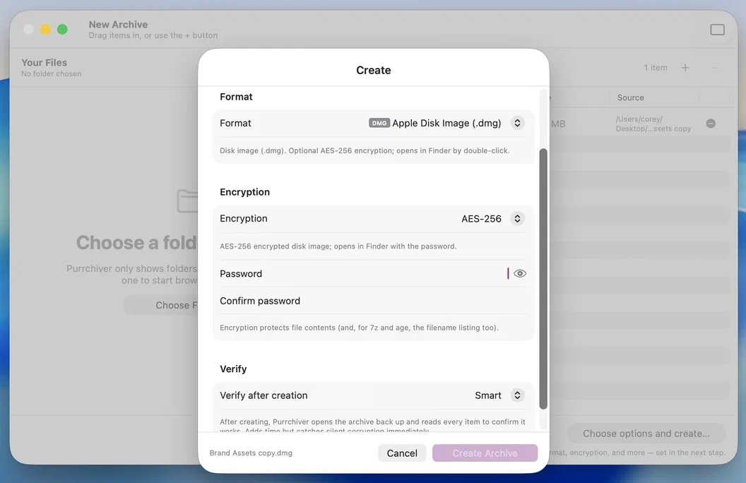 The Create sheet with Apple Disk Image (.dmg) selected and AES-256 encryption