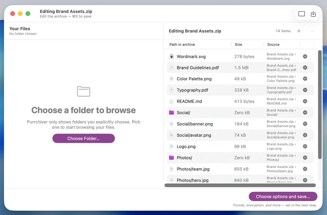 Purrchiver editing Brand Assets.zip in dual-pane Edit mode, entries with remove buttons