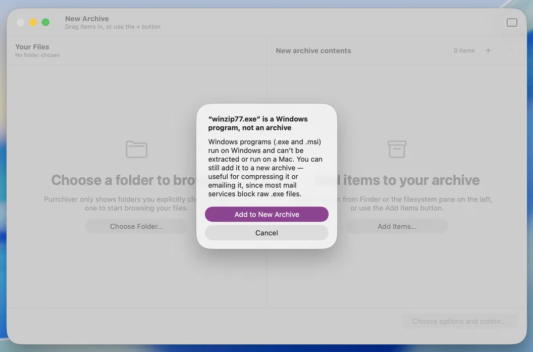A friendly error explaining a .exe is a Windows program, not an archive, with an Add to New Archive option