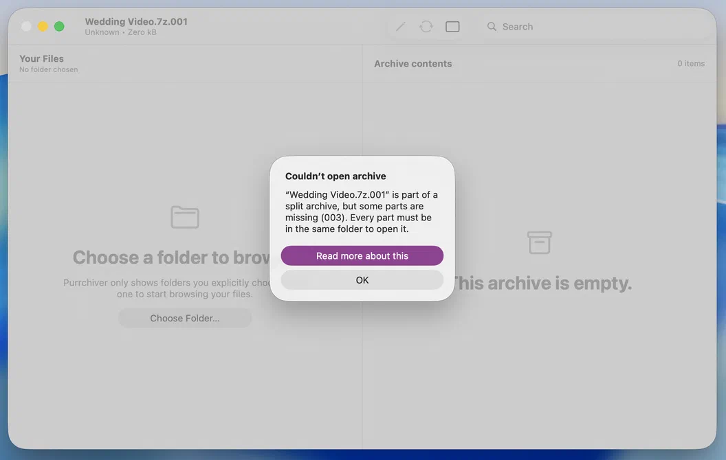 Purrchiver's split-archive error naming the exact missing volume (part 003)