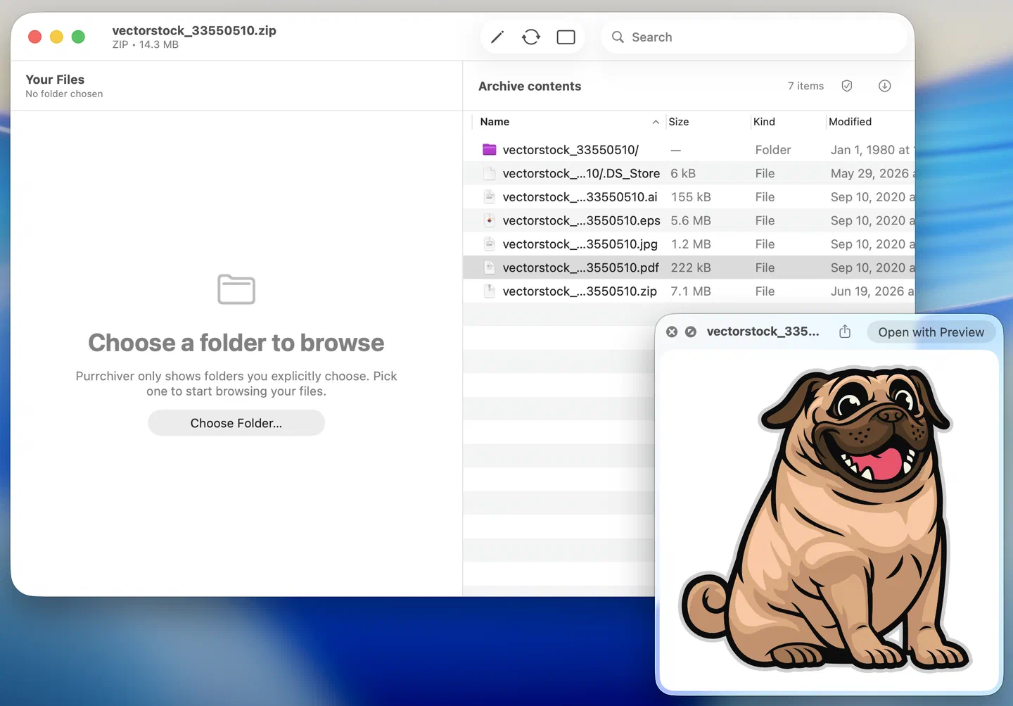 Quick Look previewing a file from inside an open archive