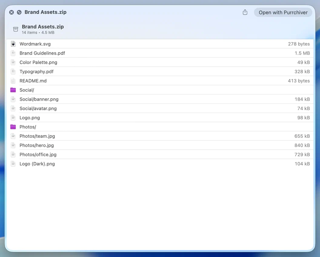 Quick Look previewing an archive's contents in Finder
