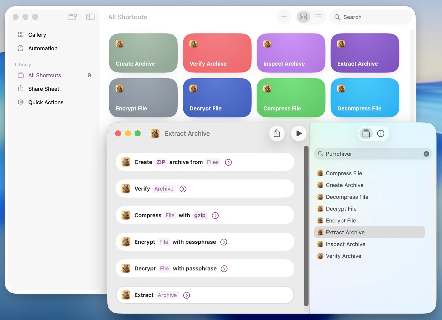 Purrchiver's eight actions in the Shortcuts app library, with a shortcut chaining several