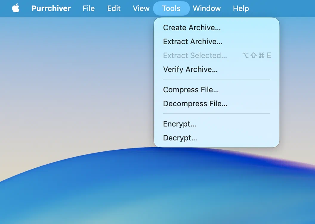 Purrchiver's Tools menu showing the Compress File, Decompress File, Encrypt, and Decrypt verbs