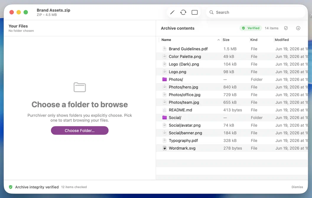 Brand Assets.zip with a green Verified badge and an 'Archive integrity verified' confirmation